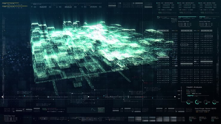 Futuristic holographic data sequence simulation of artificial neural networks intelligence analysis head up display background