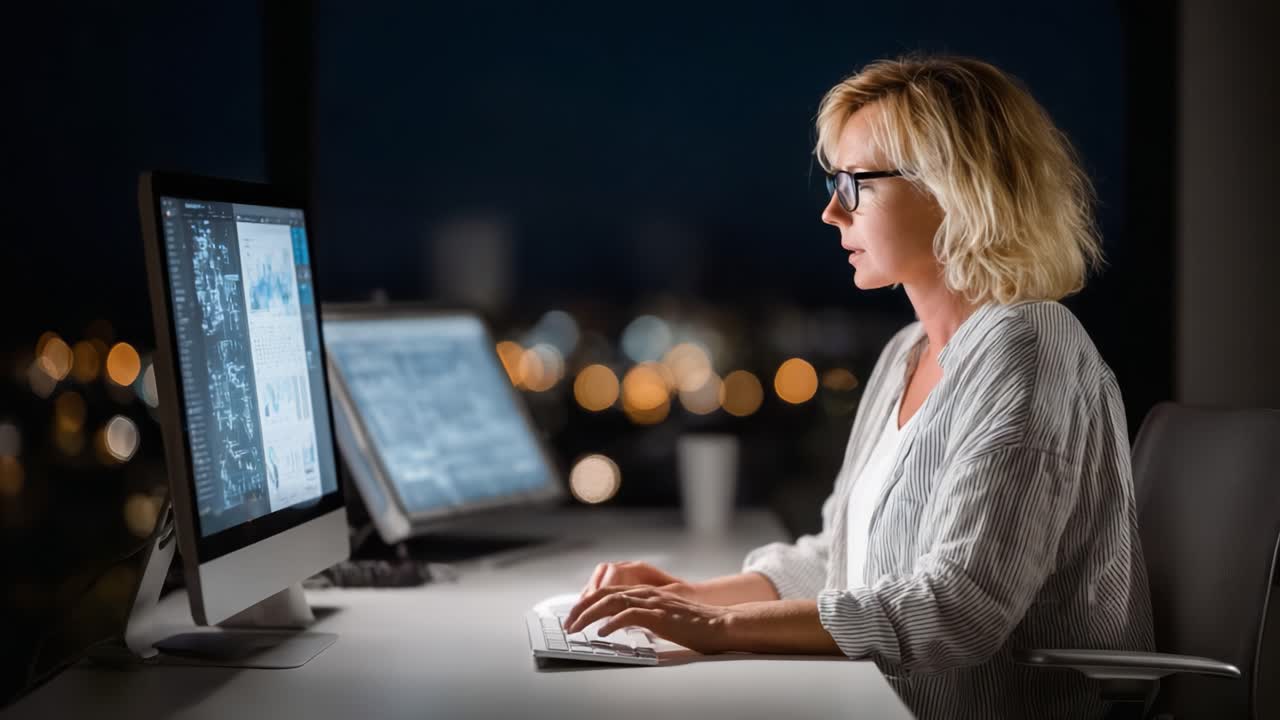 Focused Professional Working Late at Night on Dual Monitors, Analyzing Data and Strategizing for Future Projects in a Modern Office Environment