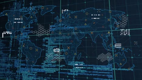 Procesamiento-De-Datos-A-Través-De-La-Red-Grid-Contra-El-Mapa-Mundial-Sobre-Fondo-Azul