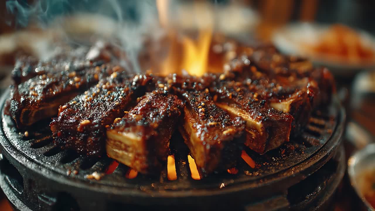 Tampilan Menggiurkan Daging Panggang Sempurna yang Mendesis di Barbekyu, Menampilkan Tekstur Kaya dan Rasa Menggugah Selera, Diperkaya Aroma Asap dan Bagian yang Sedikit Gosong