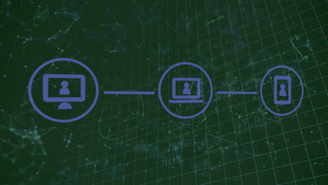 animation of network over media icons over connections and mathematical equations on chalkboard