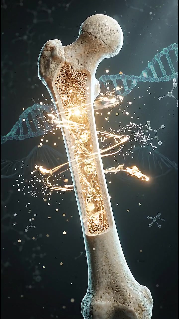 Animazione medica 3D della struttura ossea umana e del DNA