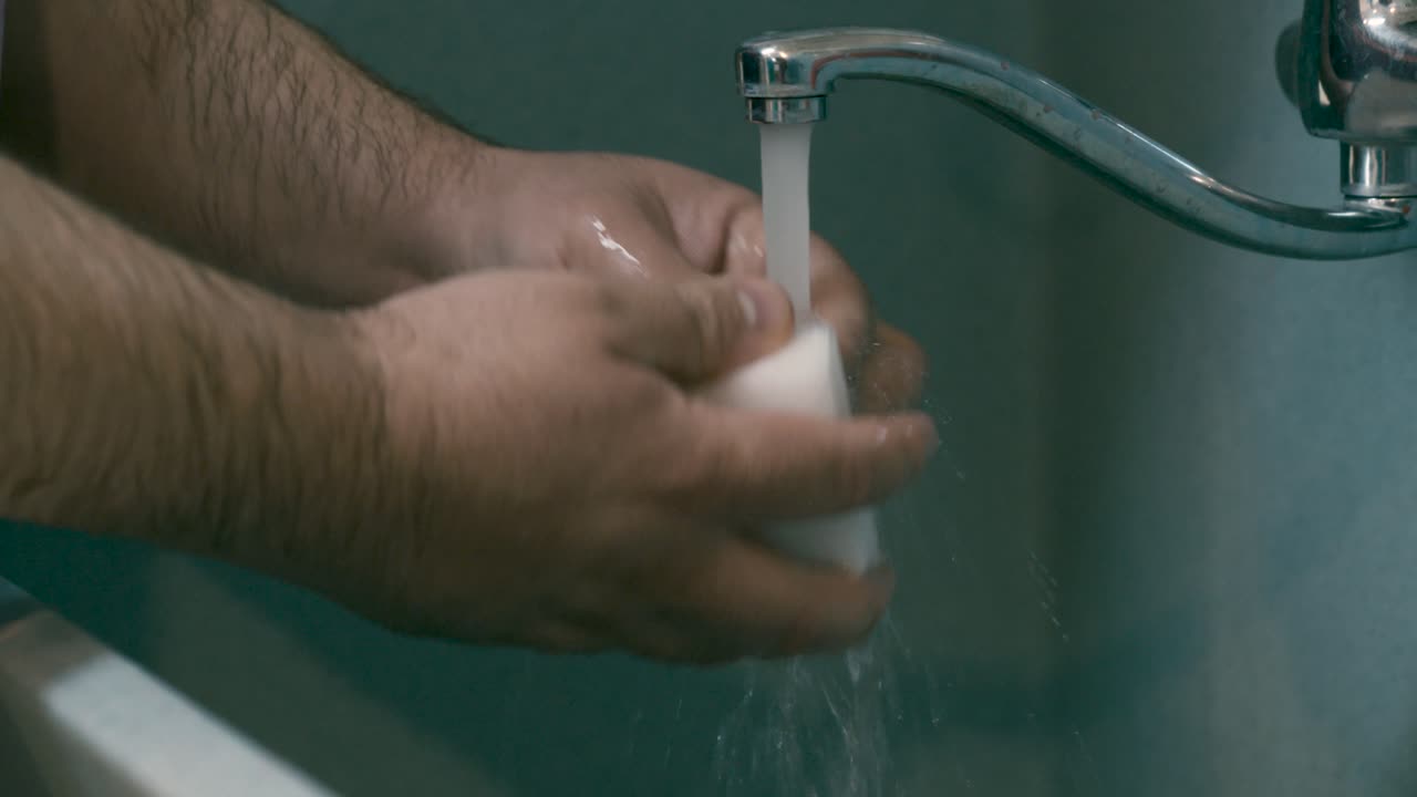 persona lavándose las manos con jabón junto al agua corriente - protección contra el coronavirus, covid-19 - primer plano