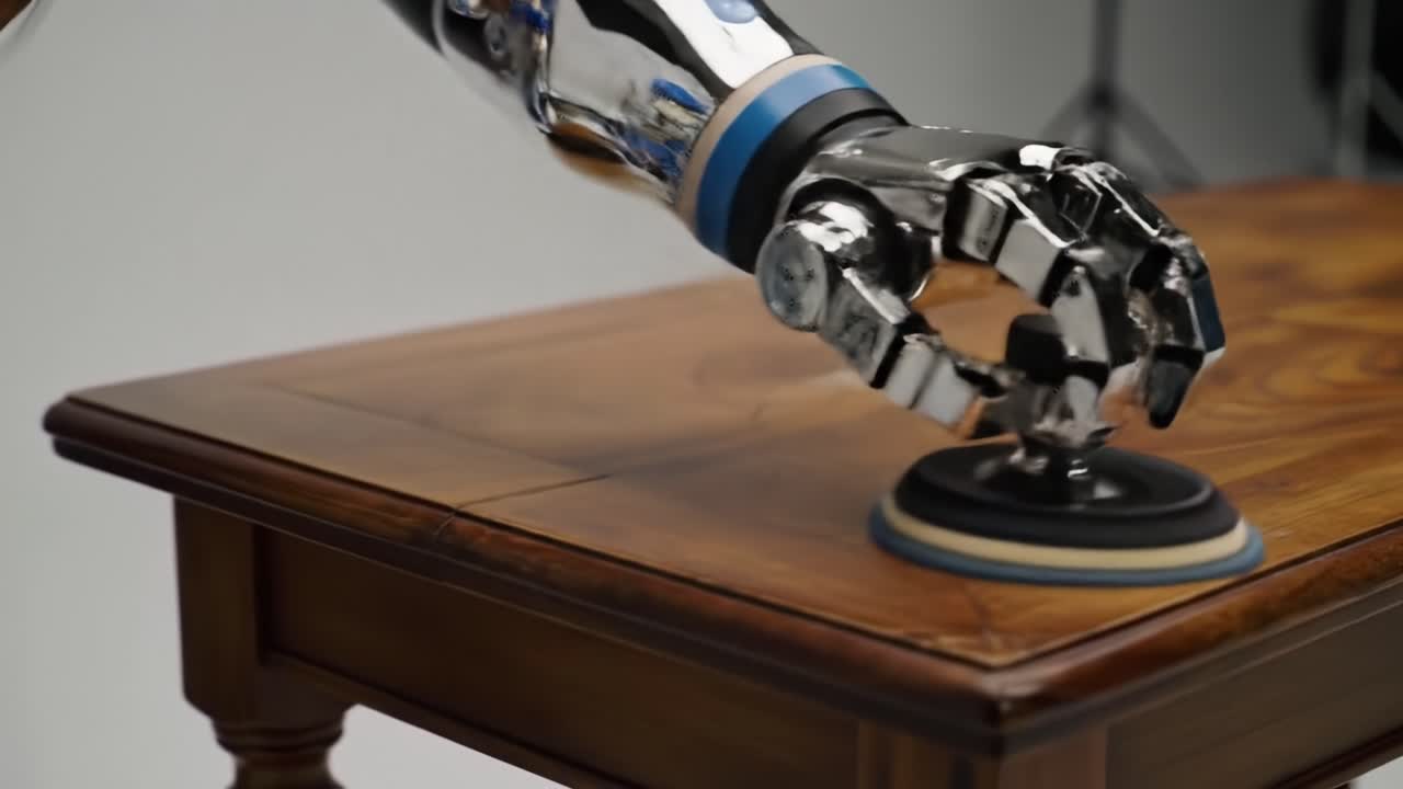 A Close-Up of an Advanced Robotic Hand Polishing a Wooden Table, Highlighting the Intersection of Technology and Craftsmanship in Modern Automation