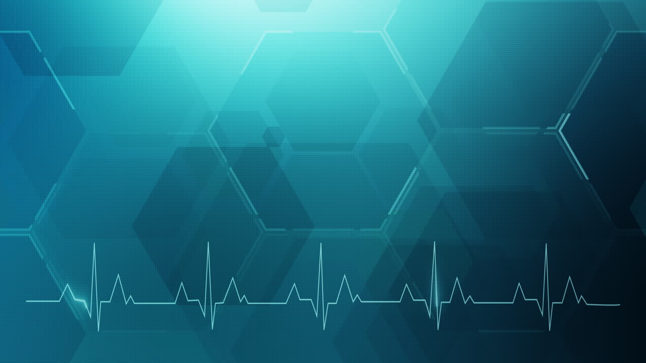 Abstract science medical turquoise background. Hexagon geometric design with a line cardiogram of the heart. Loop motion graphic.