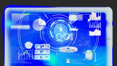 Scope-scanning-over-neon-blue-digital-clock-ticking-against-digital-interface-with-data-processing