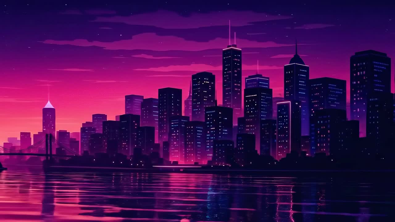 Vídeo aéreo do horizonte de uma cidade ao pôr do sol, com tons vibrantes de rosa e roxo refletindo.