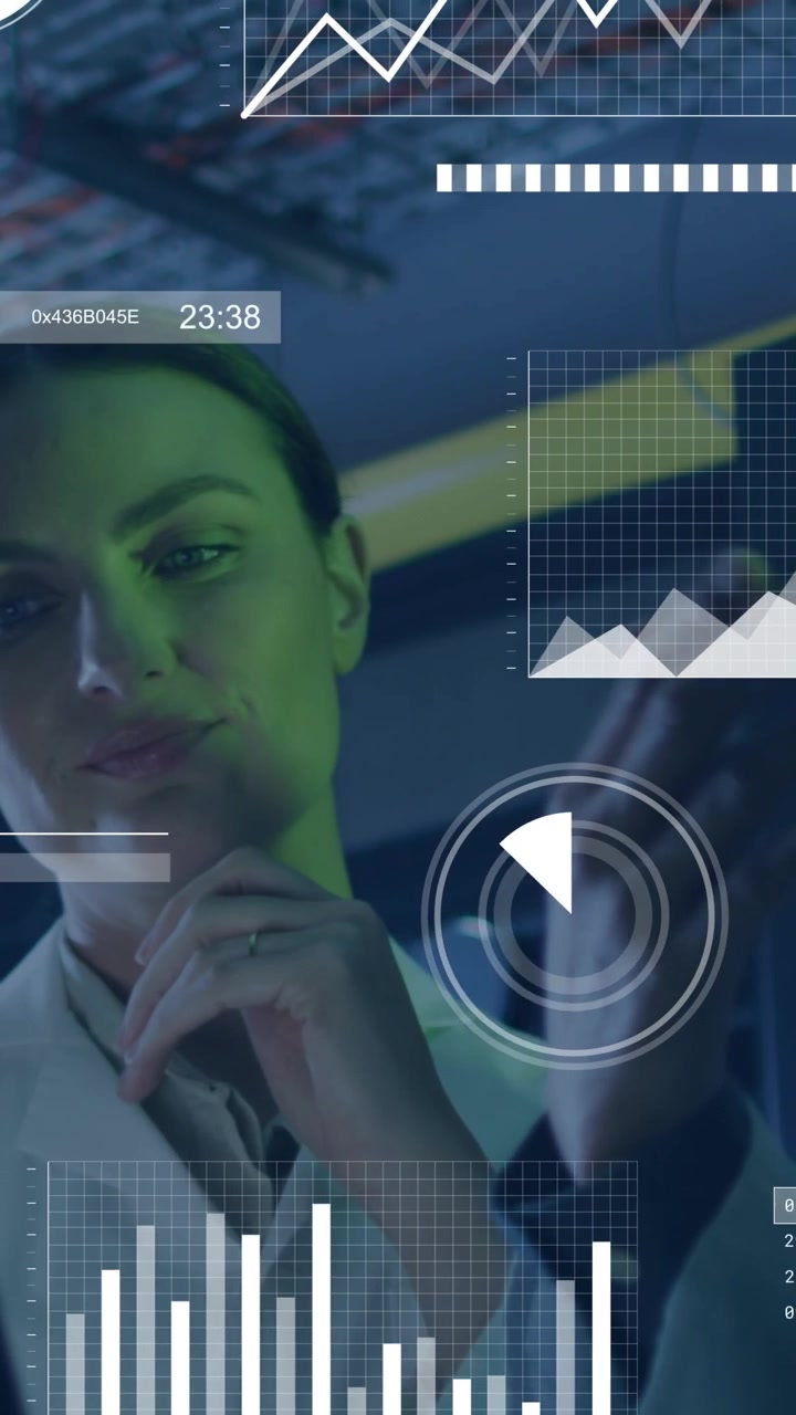 Vertical video: Lab scientist raising hand and using holographic charts and timers analyzing data