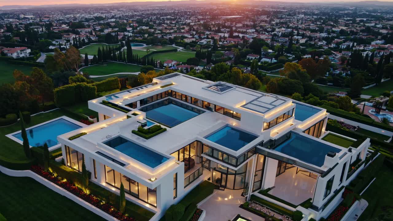Modern luxury mansion with expansive glass windows and elegant landscaping, showcasing stunning architectural design and serene outdoor spaces at twilight