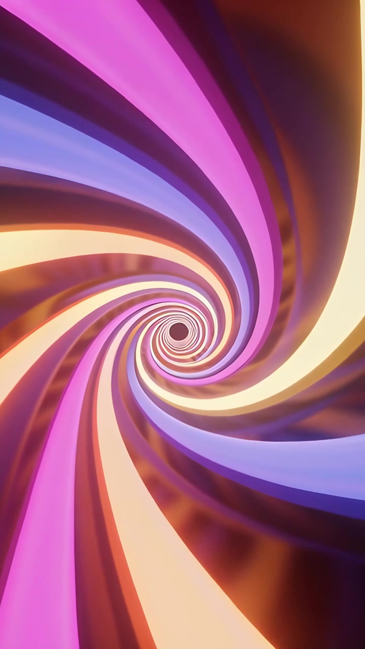 Video verticale: Spirale di nastro che appare, ruota e attira lo spettatore in un portale oscuro in formato verticale.