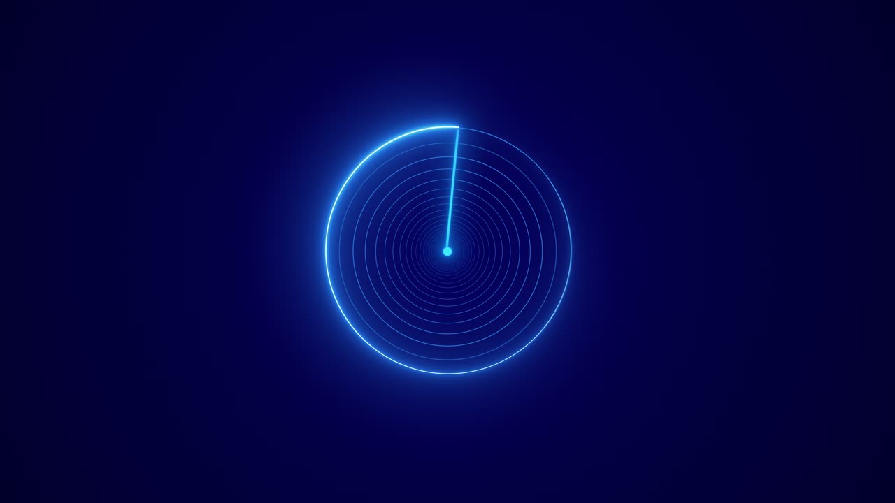 Ikon kecepatan melingkar pada latar belakang radar digital, memancarkan pulsa bercahaya untuk sistem deteksi gerakan