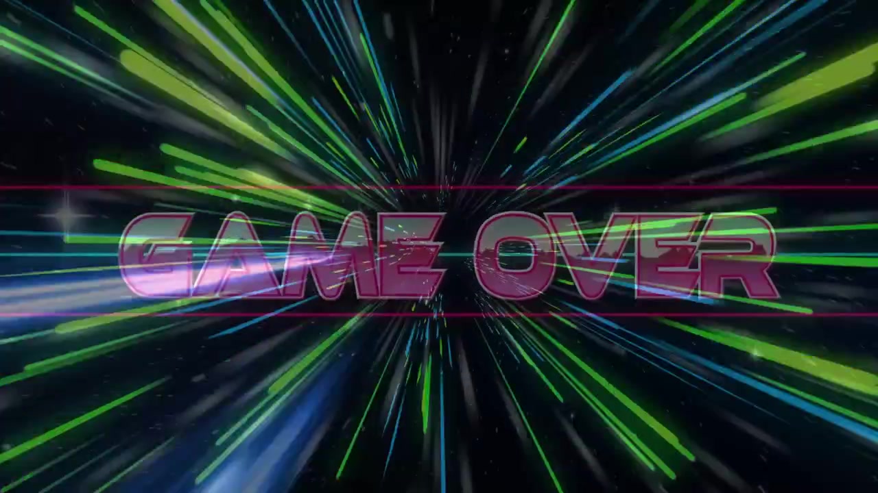 Centered neon GAME OVER text resolving from black void, radial streaks pulsing, signaling game end