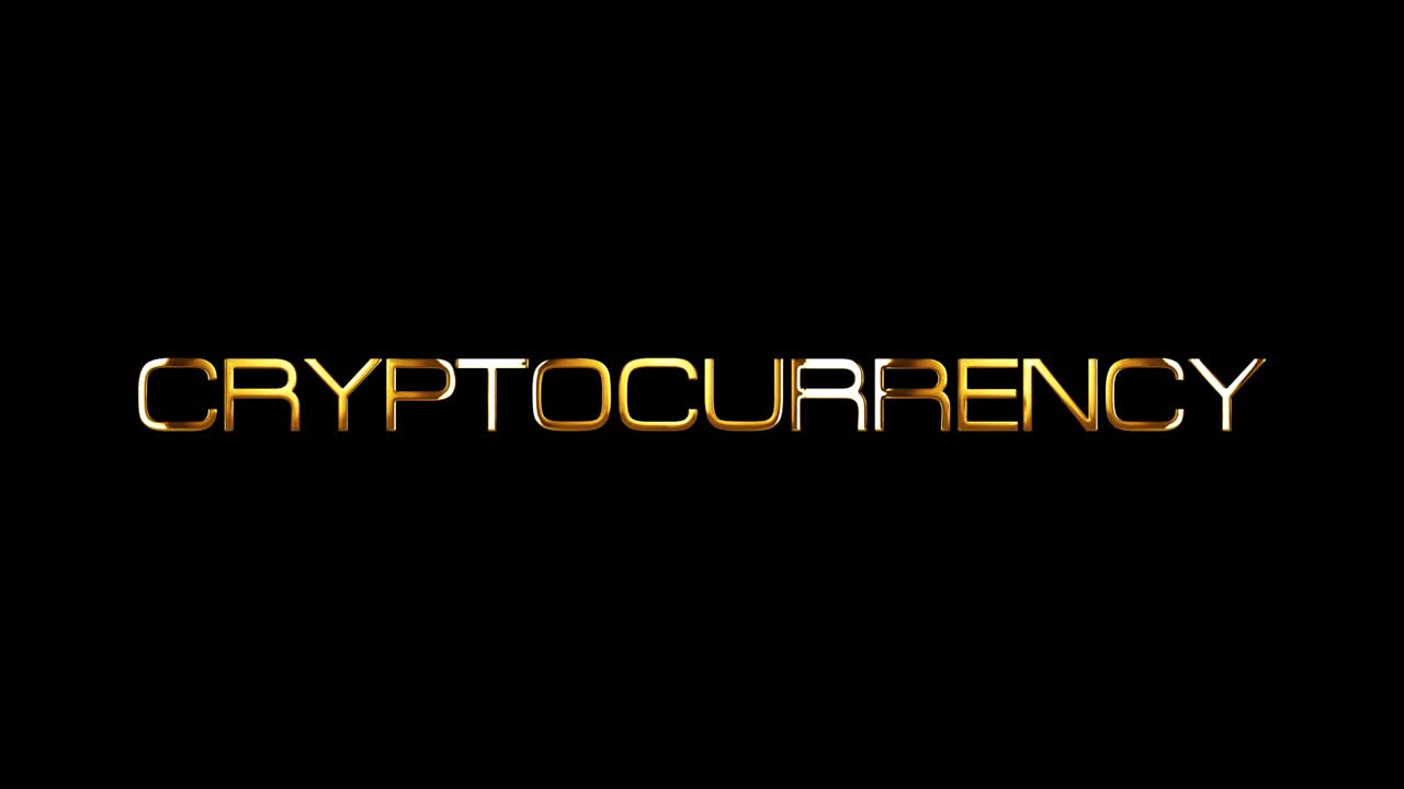 CRYPTOCURRENCY golden text with light glowing effect isolated with alpha channel Quicktime Prores 4444 encode. 4K 3D rendering seamless loop Crypto Currency isolate effect element for composition.