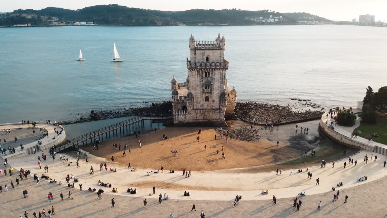 Aerial view showcasing the scenic beauty of Torre de Bel&eacute;m, Portugal, an iconic monument