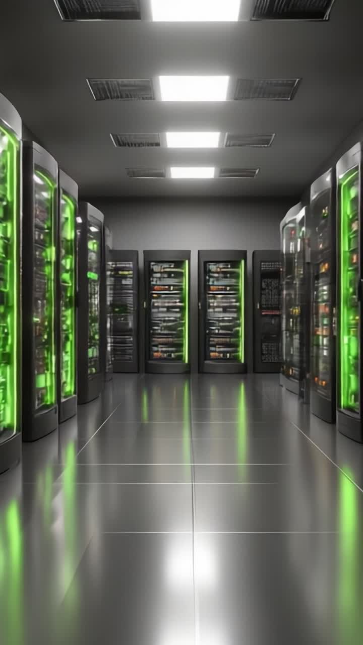Et moderne datacenter, der fremviser avancerede serverracks med grøn belysning og et slankt, futuristisk design i et imponerende teknologihub