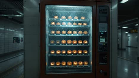 Vending machine displays illuminated jack-o&#039;-lanterns in a dimly lit subway station scene
