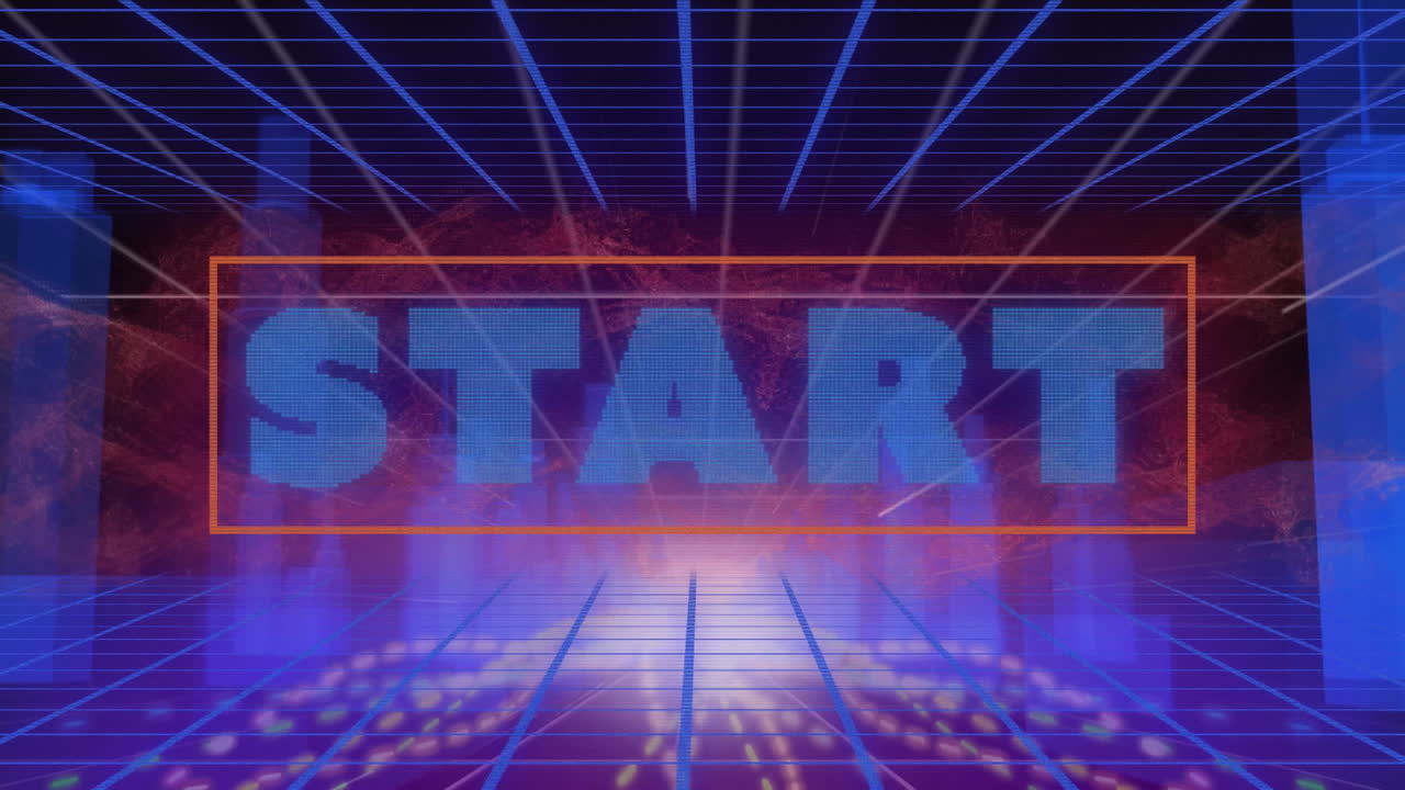 animación del banner de texto de inicio contra el modelo de ciudad 3d y los senderos de luz sobre la red de cuadrícula azul