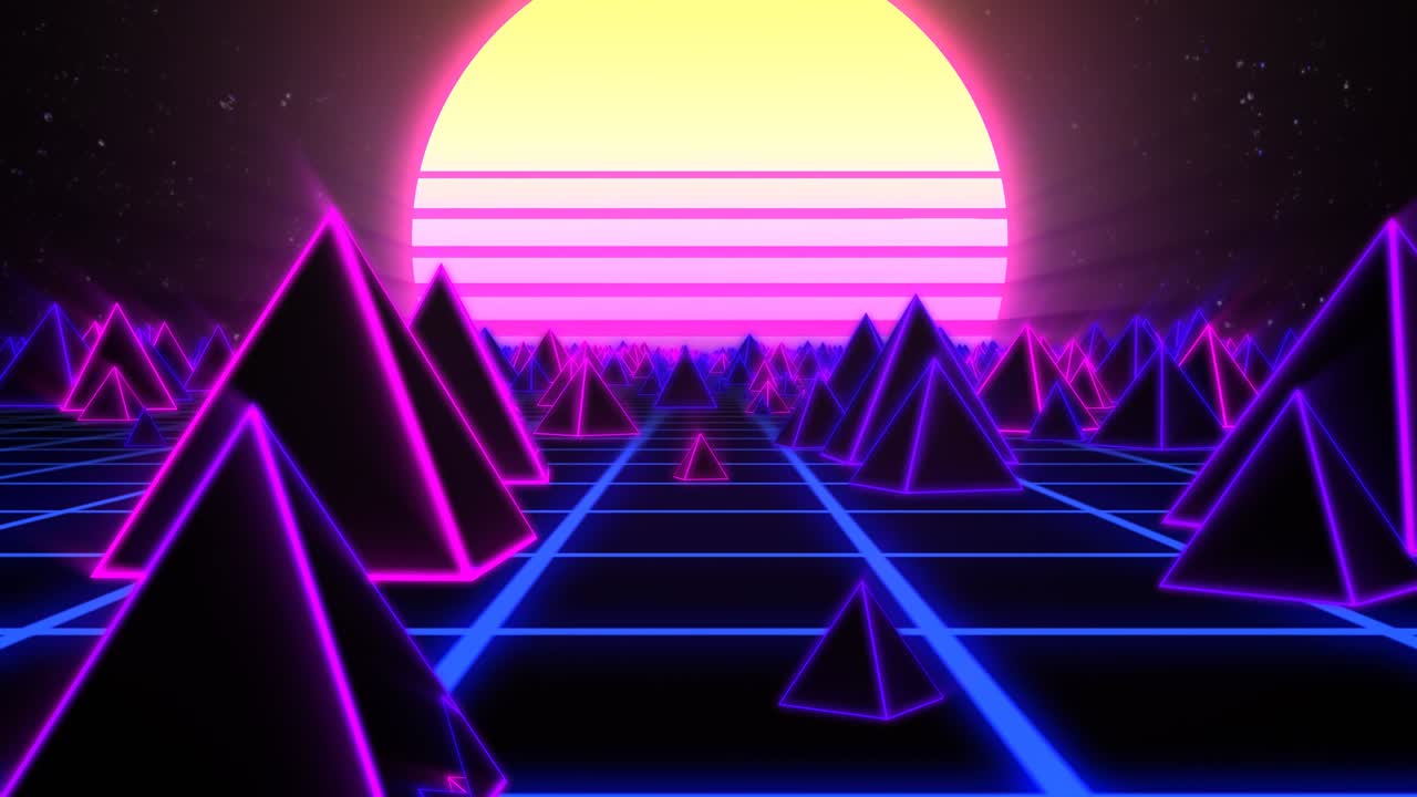 Retro Pyramids on 80s Synthwave Neon Landscape with Glowing Sun - 4K Seamless Loop Motion Background Animation