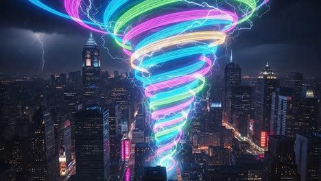 an electrifying display of colorful tornado spirals lighting up a city skyline amidst dramatic thunderstorms and night skies, creating a stunning visual phenomenon