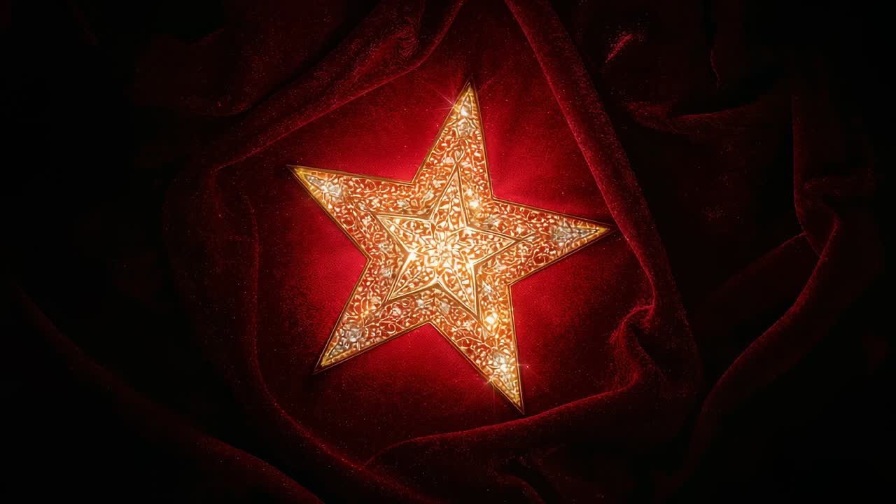 Accensione, ornamento a forma di stella a 5 punte che ruota e luccica, illuminando il velluto rosso ed esaltando la filigrana