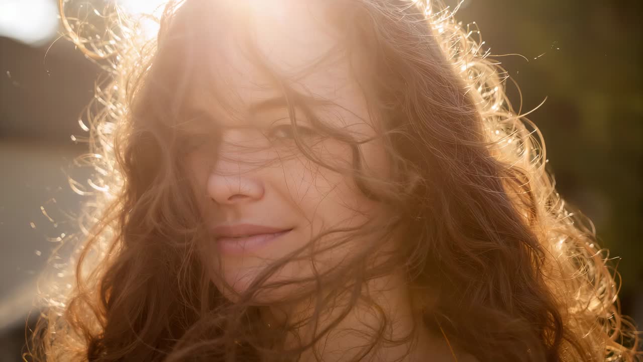 Una mujer sonriente se aparta el pelo con la brisa, dejando ver sus ojos en un parque con halo de sol y destello de lente