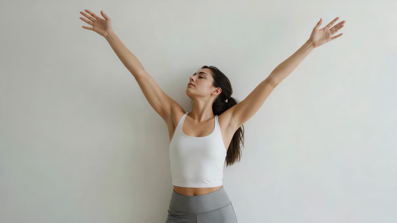 Mujer con top blanco y leggings grises levantando los brazos en forma de V, estirándose en casa para calentar, con una pared de fondo.
