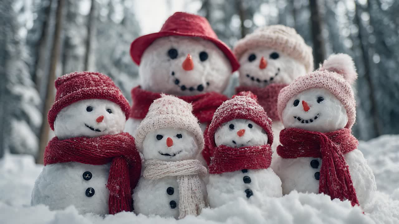 A Heartwarming Winter Scene Featuring a Family of Cheerful Snowmen Dressed in Cozy Scarves and Hats Surrounded by a Beautiful Snowy Forest Landscape