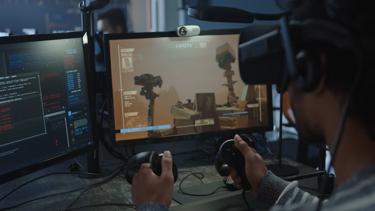 VR Gamer Playing Mars Rover Simulation