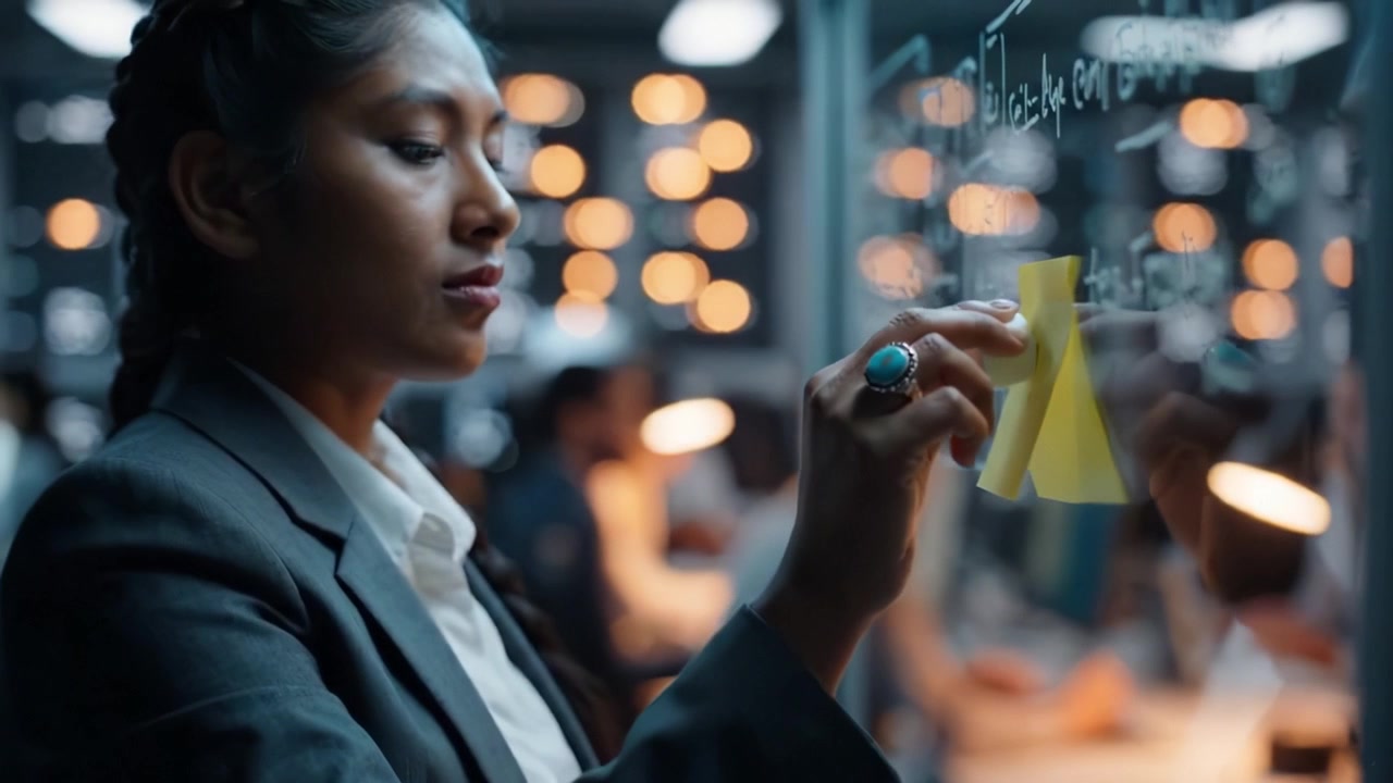 Focused professional writing on a glass board in a modern office environment, surrounded by colleagues, showcasing teamwork and innovative ideas in action.