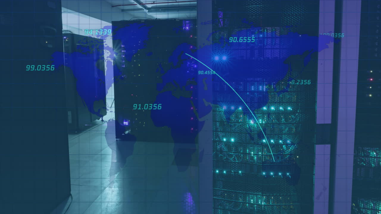 Animation of world map with data processing over server room