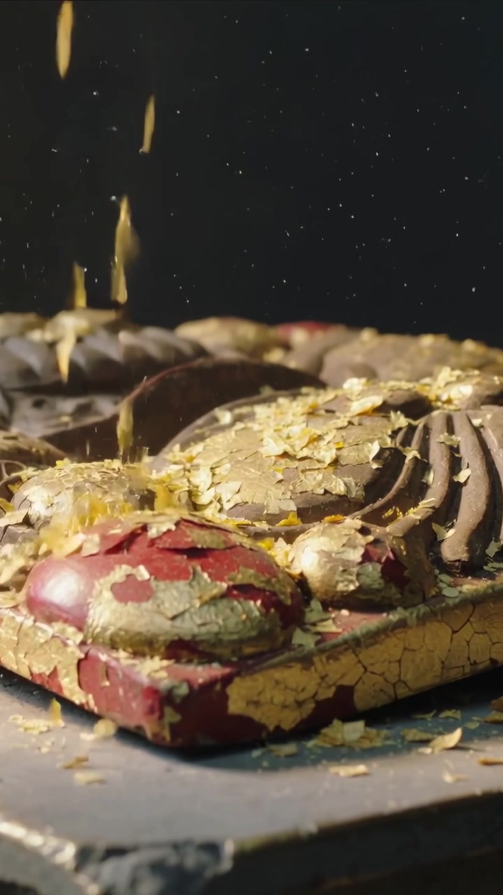 Video verticale: Scaglie d'oro che scendono, ricoprendo una targa di legno intagliato su una base, riempiendo l'oro rosso screpolato.