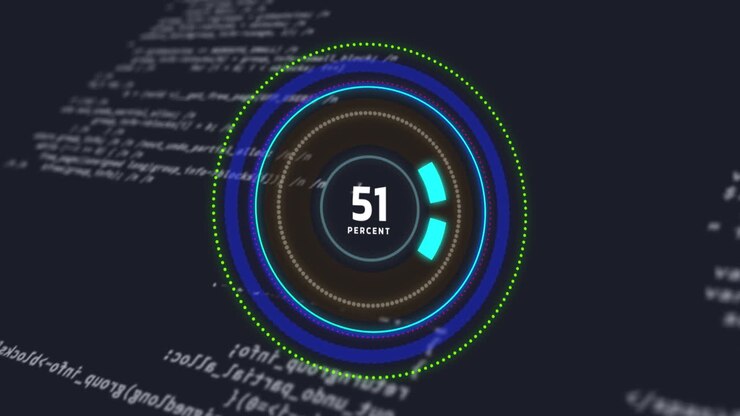 Animation of processing circle with increasing numbers on black background with data processing