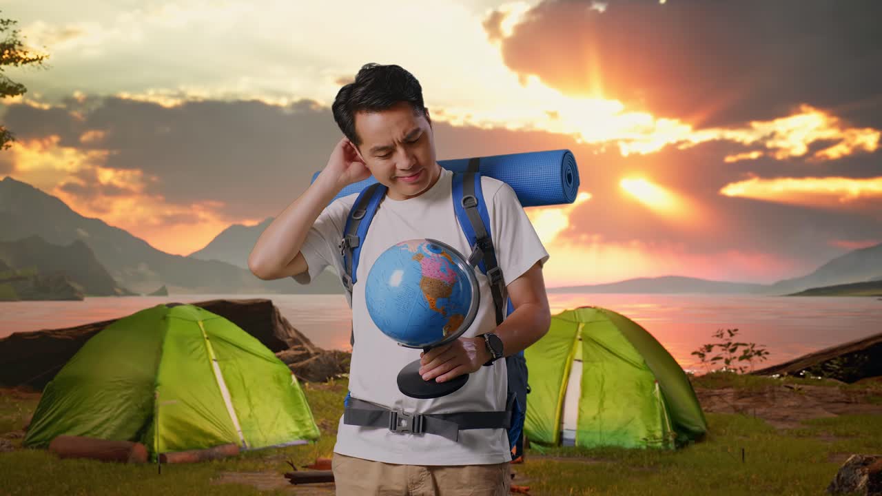 Confused Traveler Looking at Globe While Camping