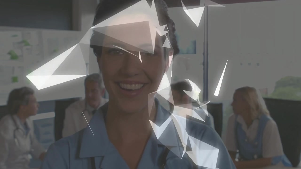 female nurse showing stethoscope in clinic while glowing triangles forming and drifting over face