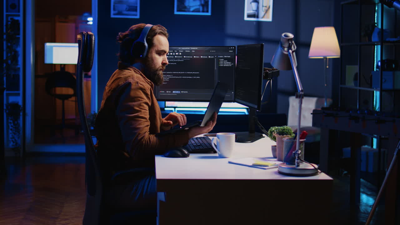 It admin using multimonitor desktop setup and notebook to finish tasks