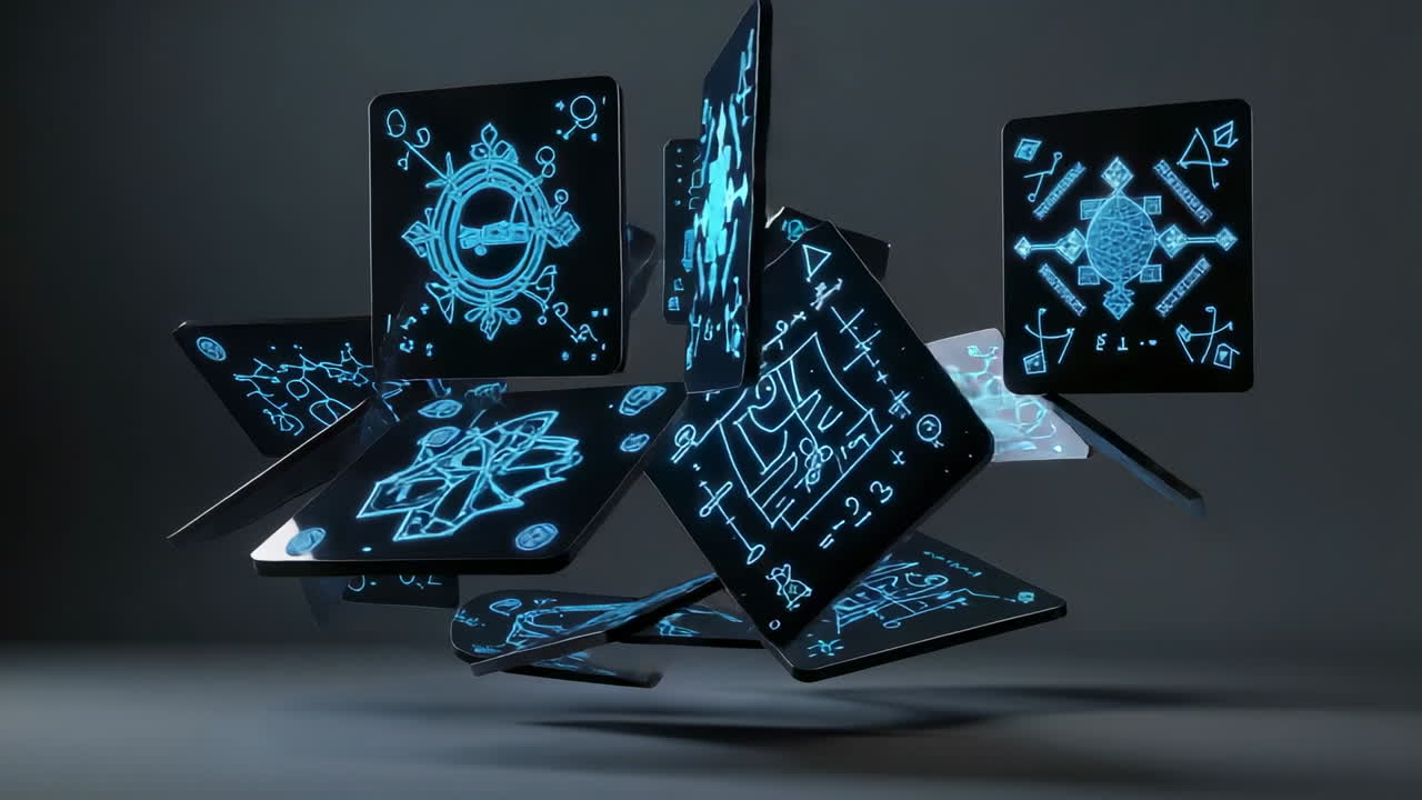 Futuristic Digital Art: Floating Blue Glyphs and Symbols