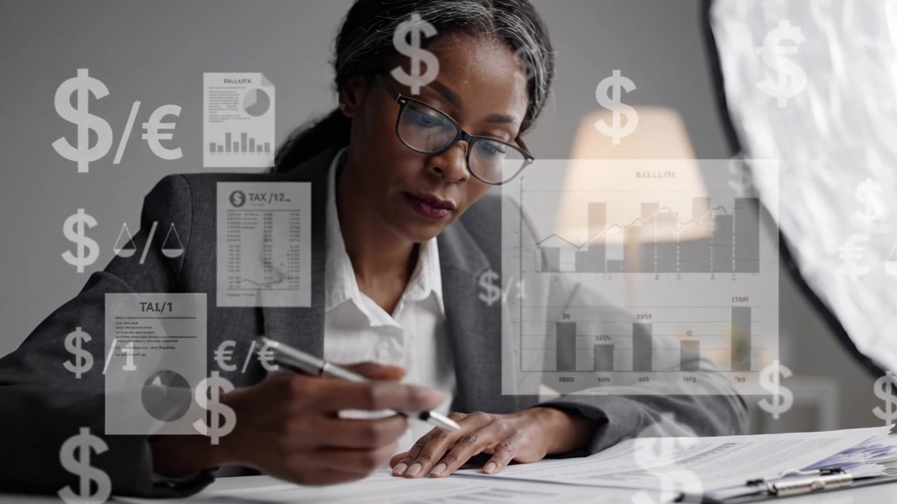 A focused professional reviewing financial documents, analyzing charts and data while highlighting important information in a calm and organized workspace.
