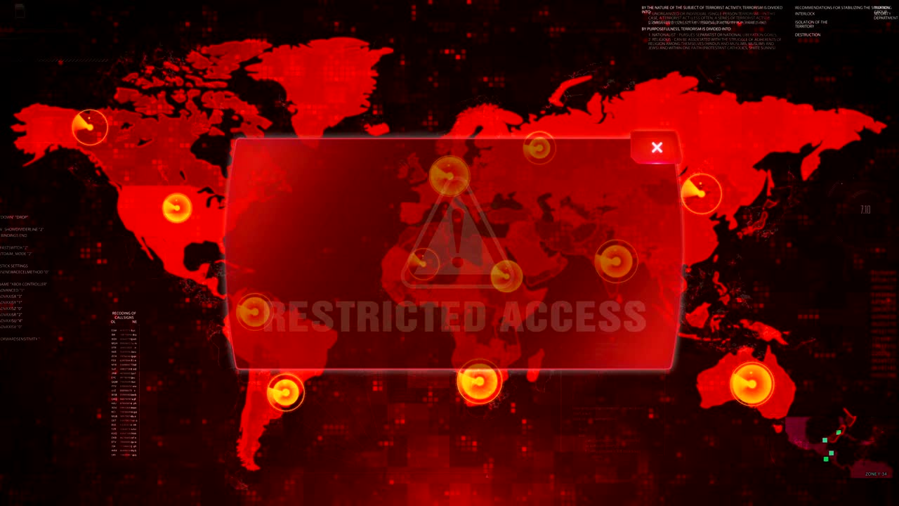 RESTRICTED ACCESS Alert Warning Attack on Screen World Map Loop Motion.