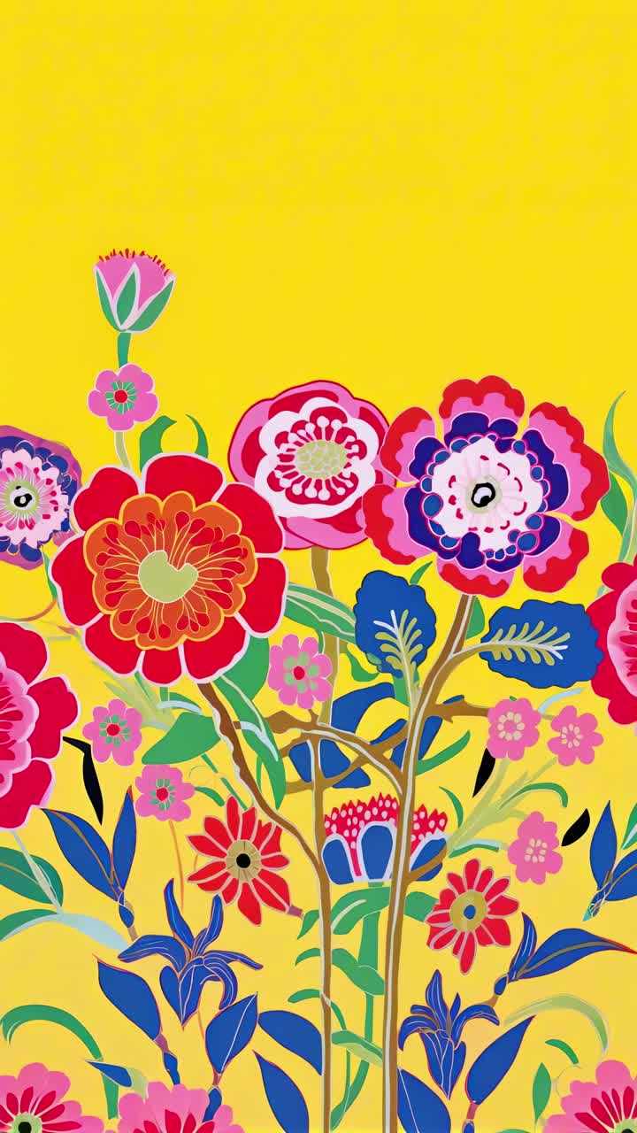 Vibrant floral illustration with bold colors on a yellow background