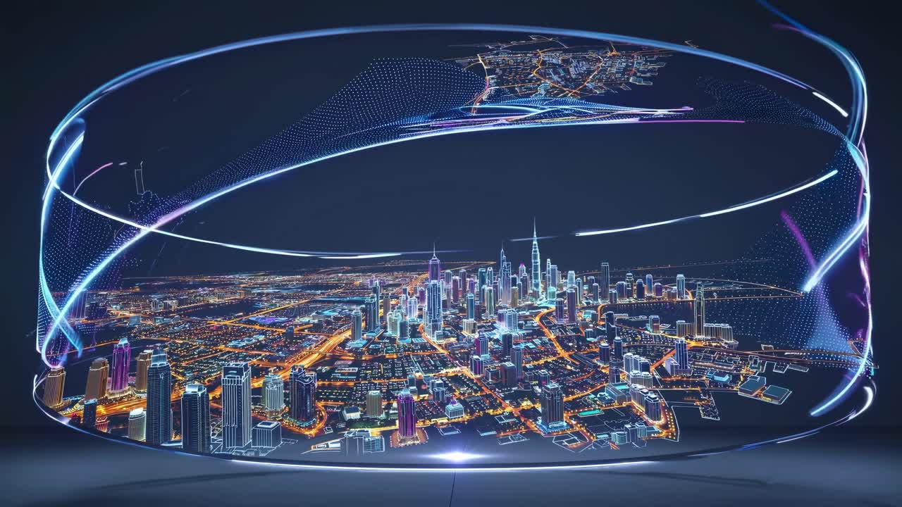 Holographic digital projection of Dubai city skyline with colorful lights at night with futuristic circular frame and abstract lines, representing innovative technology and smart city concepts