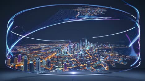 holographic digital projection of dubai city skyline with colorful lights at night with futuristic circular frame and abstract lines, representing innovative technology and smart city concepts