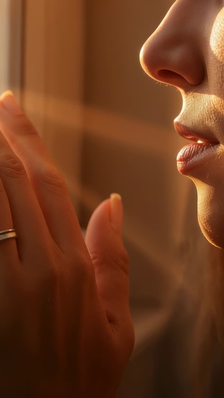 Video verticale: profilo di donna che preme contro la finestra di casa mentre un raggio di sole la illumina, anello, spazio per la copia