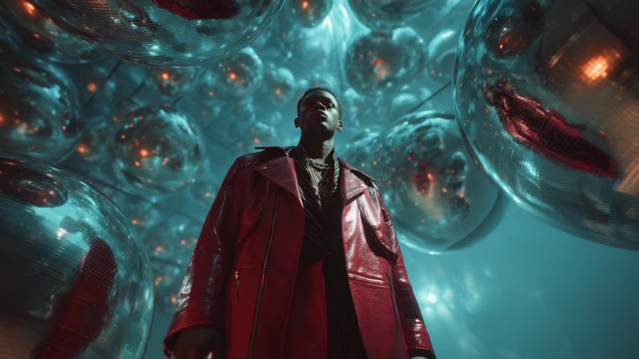 A striking and unforgettable image of a stylish figure in a dazzling environment filled with reflective spheres, showcasing an artistic and modern interpretation of fashion and design that captivates the viewer's attention