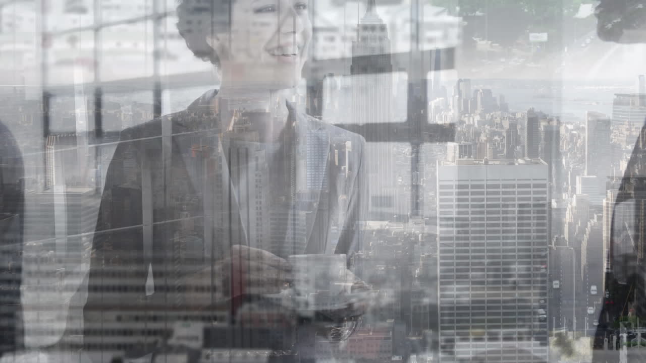 백인 동료 들 이 도시 풍경 에서 차 를 마시면서 대화 를 하고 있는 애니메이션