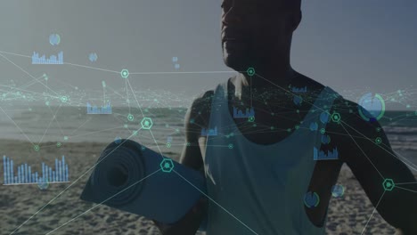 Animation-of-data-processing-over-african-american-man-with-yoga-mat-at-beach