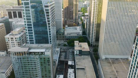 establishing aerial shot above skyscrapers in unrecognizable second tier city