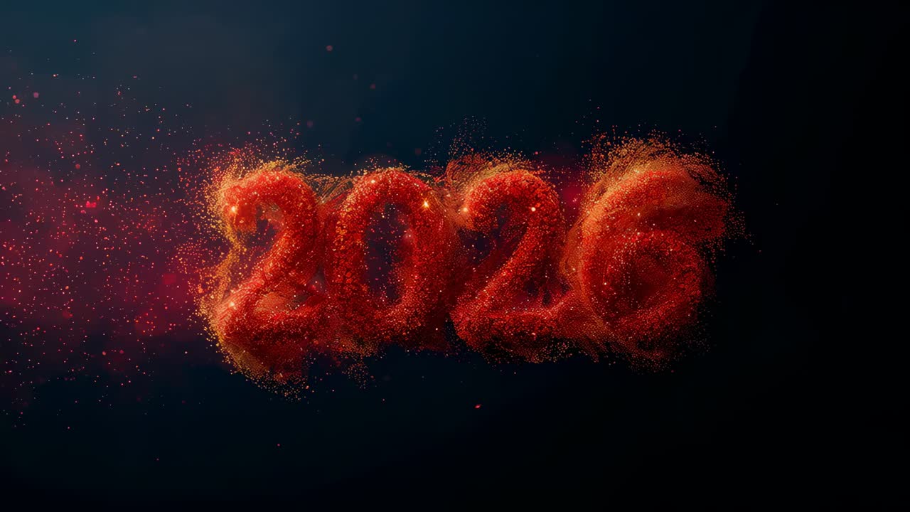 Numeri animati 2026 con particelle rosse che si spostano a destra su un gradiente scuro formando cifre chiare