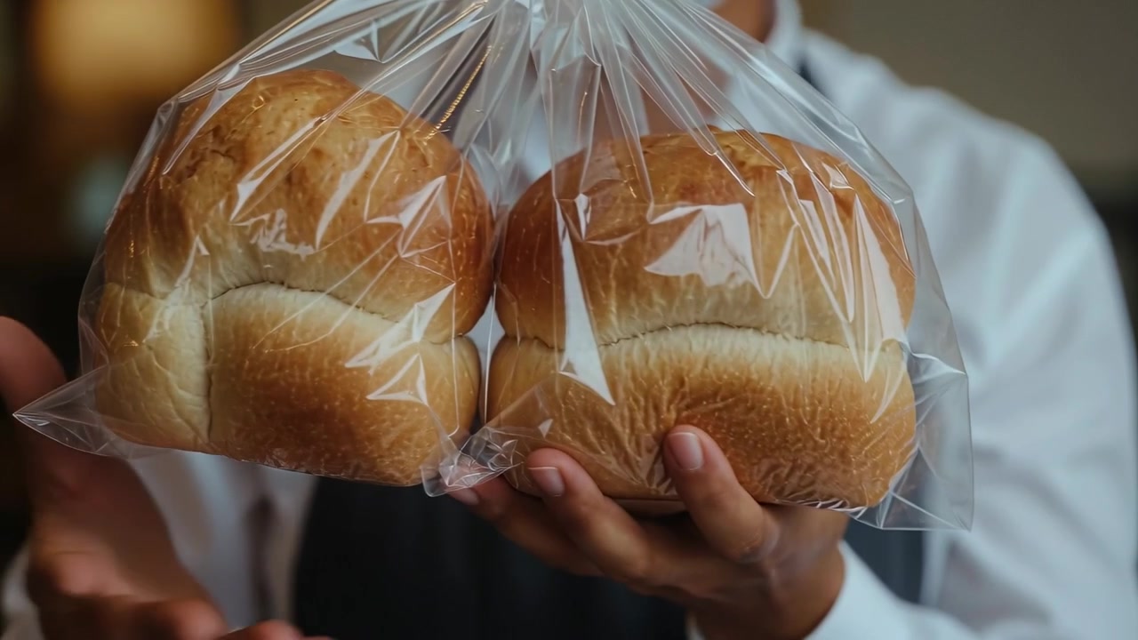 Twisting tie baker wearing apron face mask cradling bag of four bread rolls offering at bakery