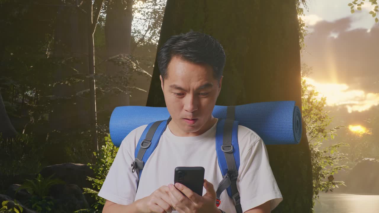 행복 한 산책자 는 숲 에서 전화 를 확인 한다