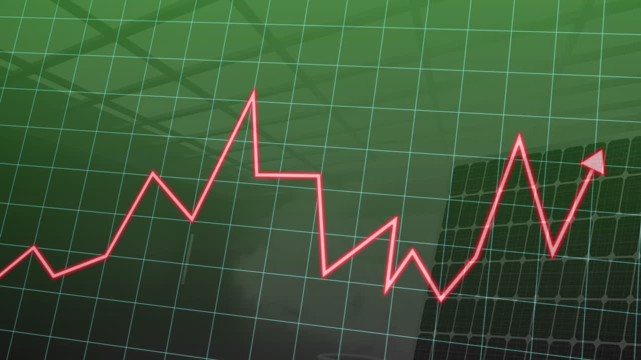 Red line graph rising on green grid with building silhouette in animation style